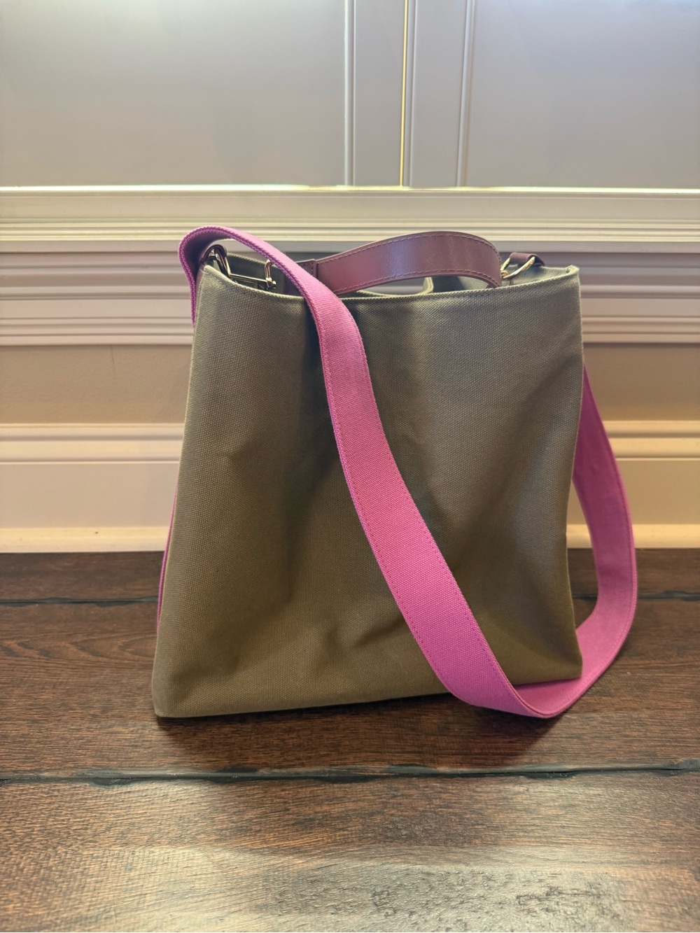 Canvas Crossbody Bag with Pink Strap